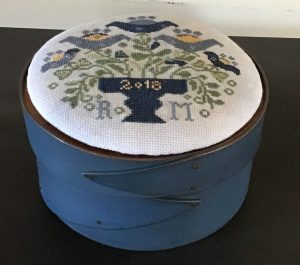 Keepsake Box stitched in blue on LeHay's Shaker Needlework Box..