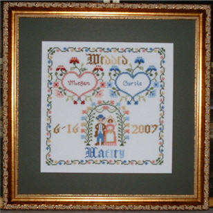 Photograph of Counted Cross Stitch Folk Art Wedding Sampler.